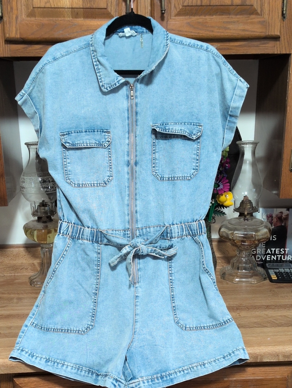 Light Blue Denim Zipper Romper for Women Large But Will Fit Medium